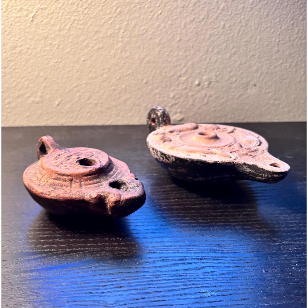 Roman Repro Oil Lamps Pair • Mythological & Marine Motifs • Terracotta Sandstone